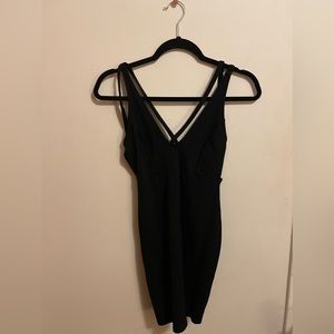 Cross chest, black fitted cocktail dress (S)